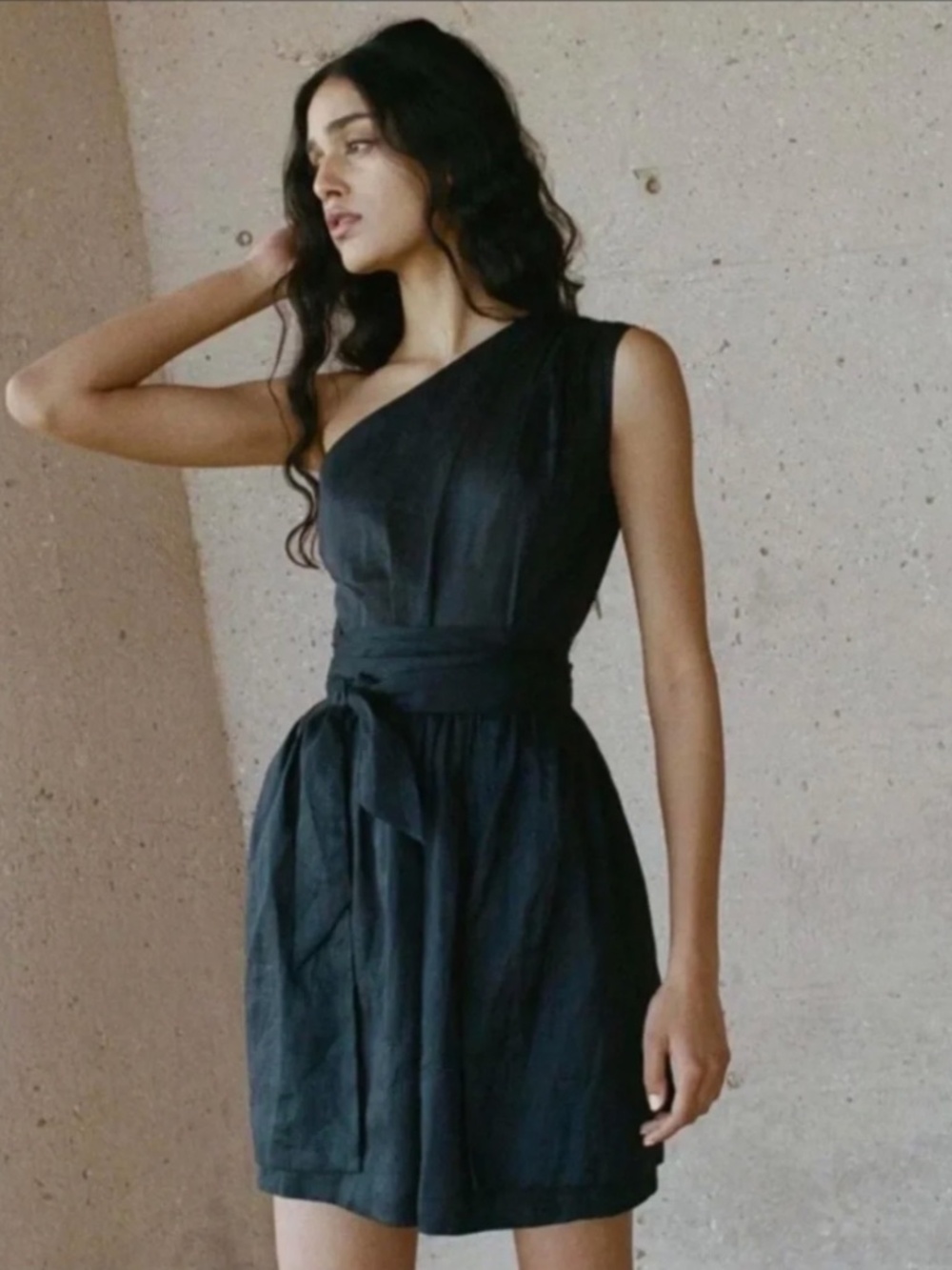 Doen Yvonne one-shoulder black linen mini dress with tie at waist, size small
